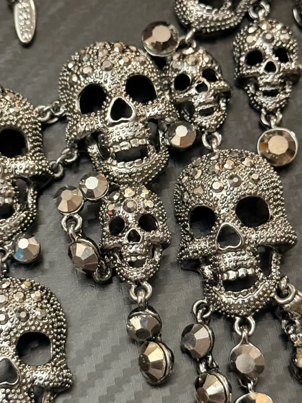Natasha Couture Gunmetal Rhinestone Gothic Skull Dangle Statement Necklace